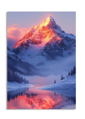 Snowy mountain peak reflected in a lake at sunset, as a premium aluminum metal print from GoMetalPrint.
