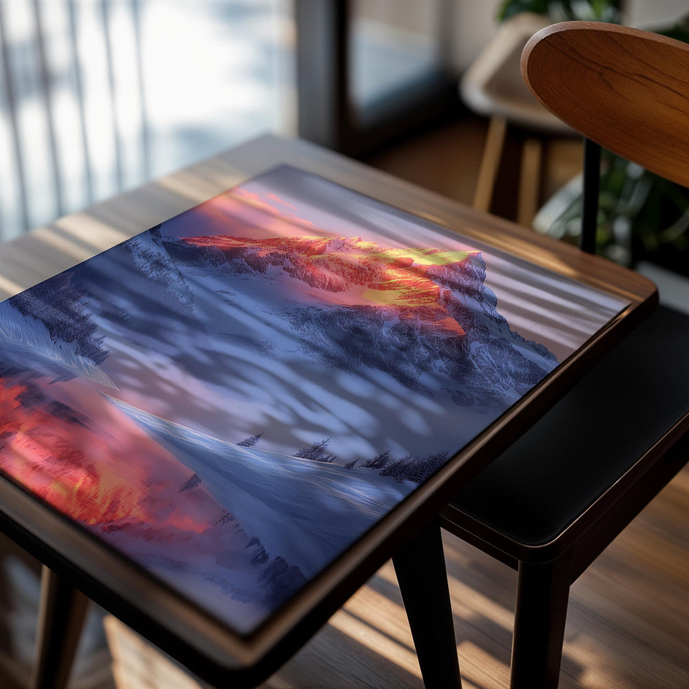 Snowy mountain peak reflected in a lake at sunset, as a premium aluminum metal print from GoMetalPrint.
