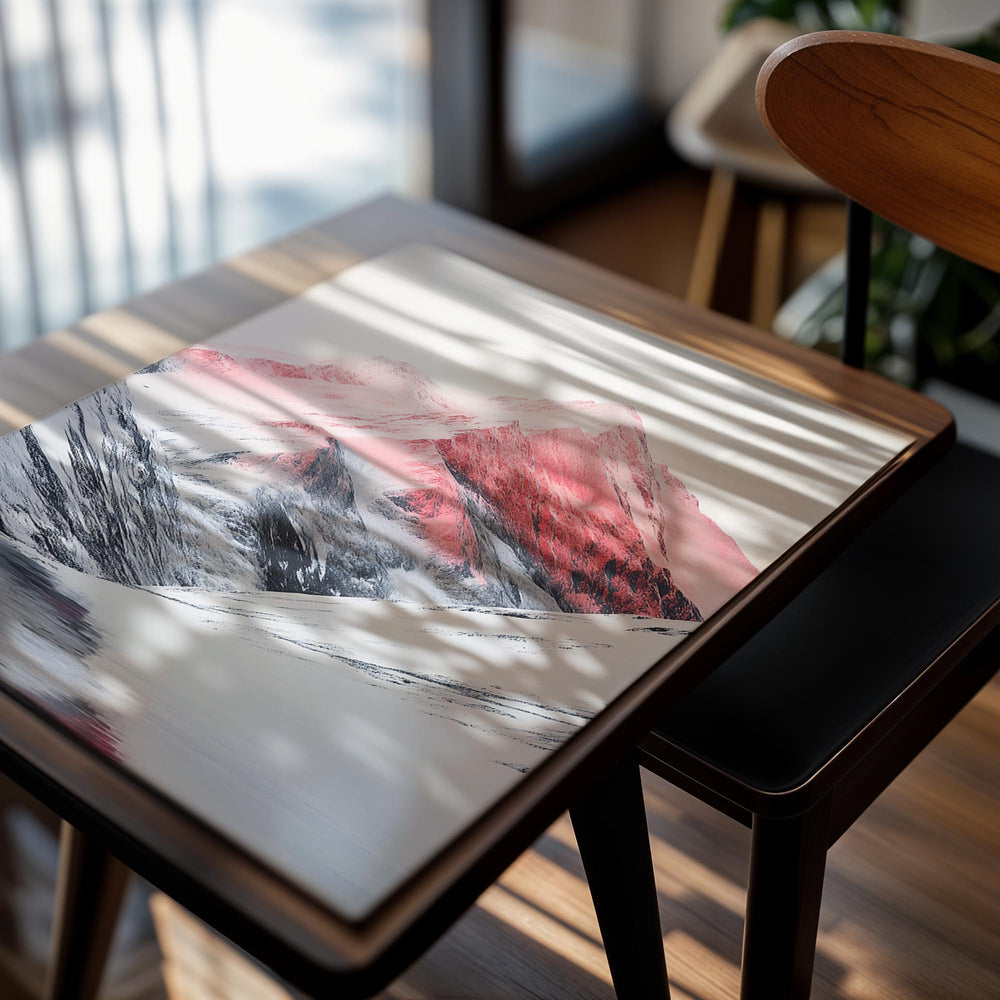 Mountain landscape with pink and white hues, as a premium aluminum metal print from GoMetalPrint.
