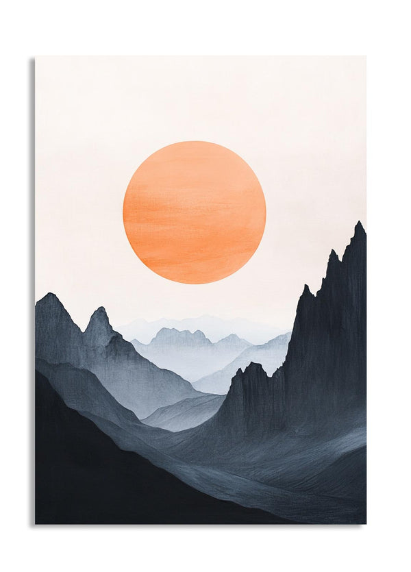 Surreal landscape with a large orange sun and dark mountains on a light pink background, as a premium aluminum metal print from GoMetalPrint.
