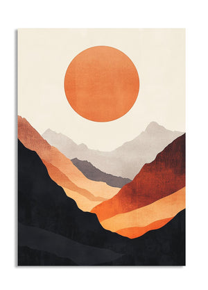 Abstract art print of a sun over mountains with warm colors on a beige background , as a premium aluminum metal print from GoMetalPrint.

