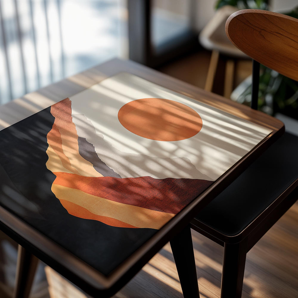 Abstract art print of a sun over mountains with warm colors on a beige background , as a premium aluminum metal print from GoMetalPrint.
