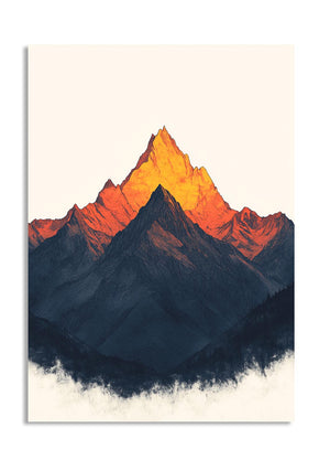 Mountain landscape with orange and blue hues on a beige background, as a premium aluminum metal print from GoMetalPrint.
