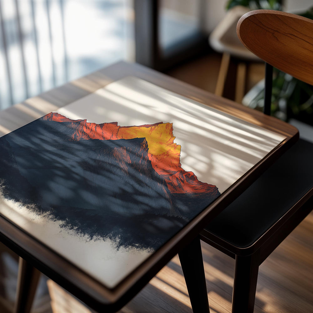 Mountain landscape with orange and blue hues on a beige background, as a premium aluminum metal print from GoMetalPrint.
