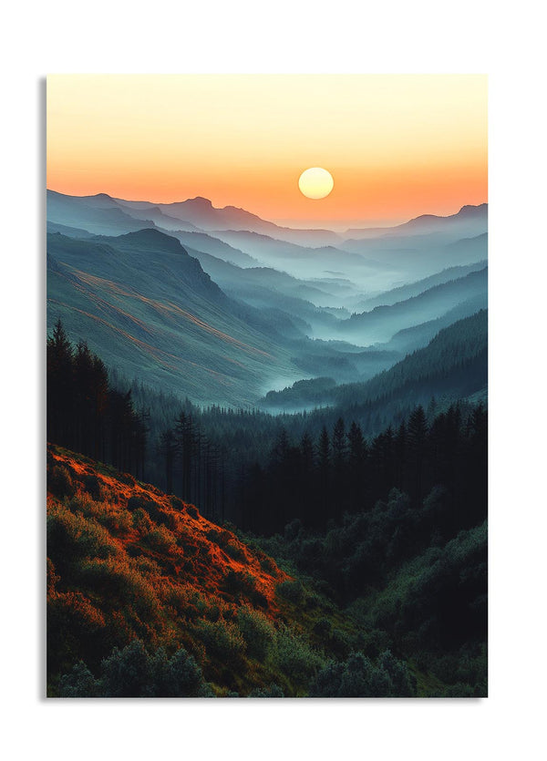 Sunset over a mountain range with a forested valley, as a premium aluminum metal print from GoMetalPrint.

