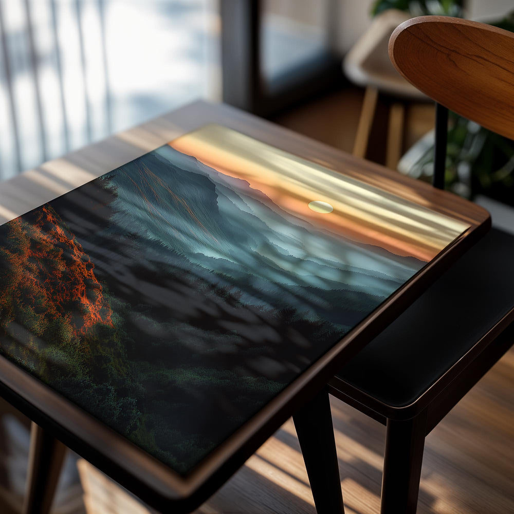 Sunset over a mountain range with a forested valley, as a premium aluminum metal print from GoMetalPrint.
