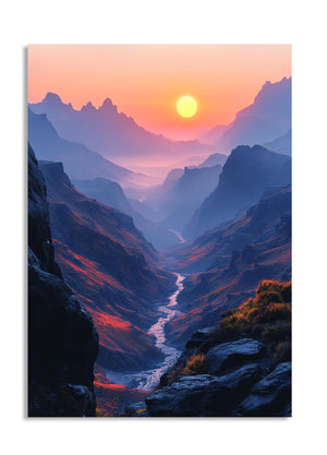 Mountain valley with a river and sunset in the background, as a premium aluminum metal print from GoMetalPrint.

