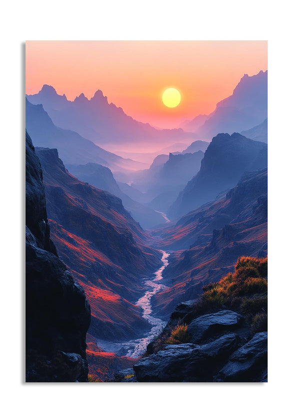 Mountain valley with a river and sunset in the background, as a premium aluminum metal print from GoMetalPrint.
