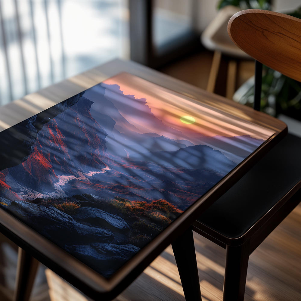 Mountain valley with a river and sunset in the background, as a premium aluminum metal print from GoMetalPrint.
