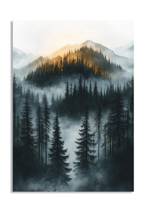 Forest with mountains in the background, painted in a style that blends realism with abstract elements, as a premium aluminum metal print from GoMetalPrint.
