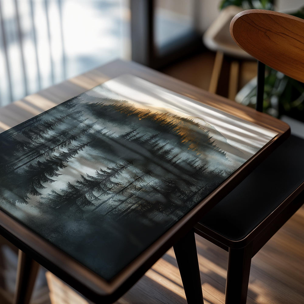 Forest with mountains in the background, painted in a style that blends realism with abstract elements, as a premium aluminum metal print from GoMetalPrint.
