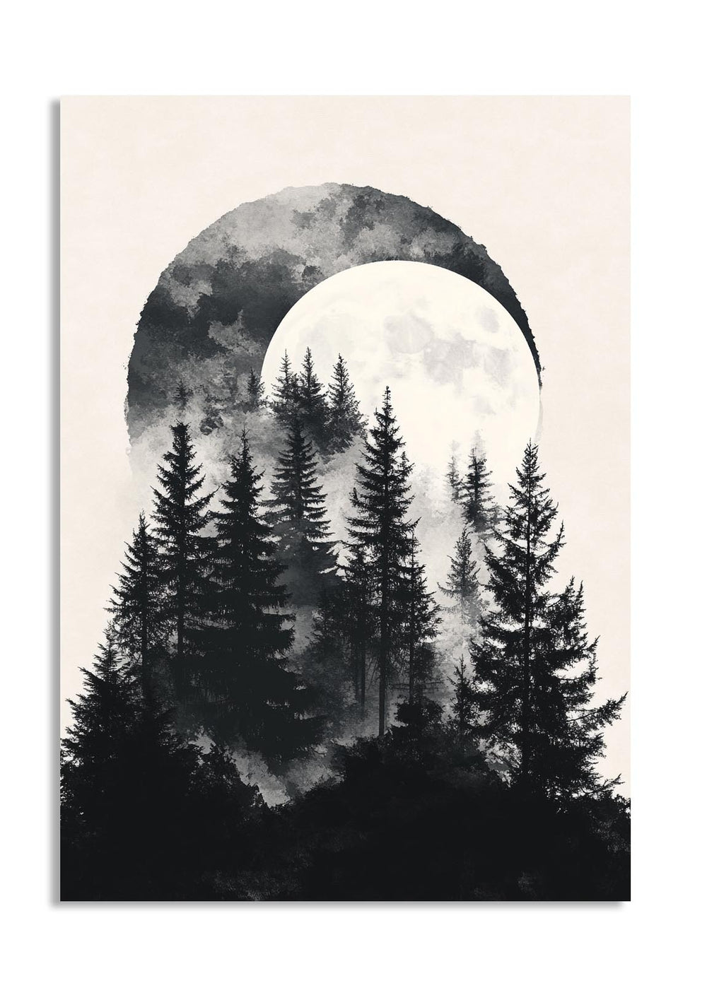 Silhouette of trees with a large moon in the sky on a beige background, as a premium aluminum metal print from GoMetalPrint.
