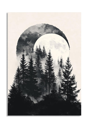 Silhouette of trees with a large moon in the sky on a beige background, as a premium aluminum metal print from GoMetalPrint.
