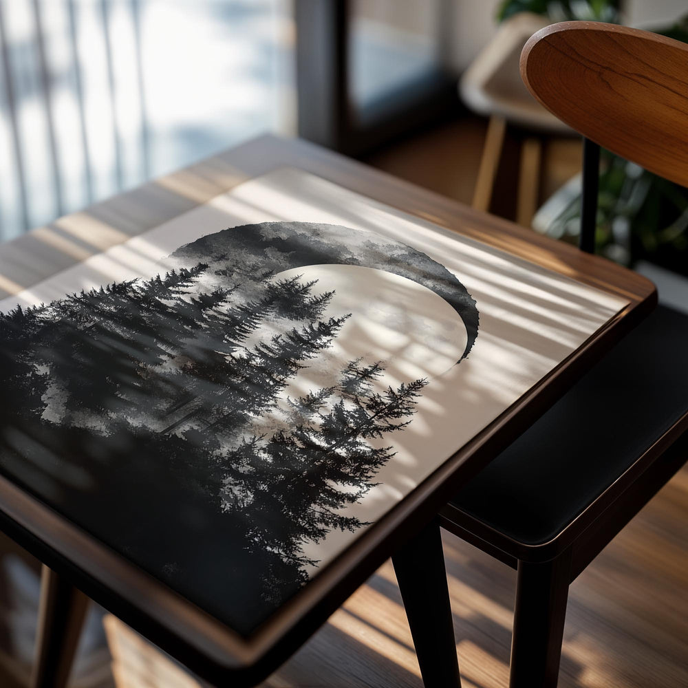 Silhouette of trees with a large moon in the sky on a beige background, as a premium aluminum metal print from GoMetalPrint.
