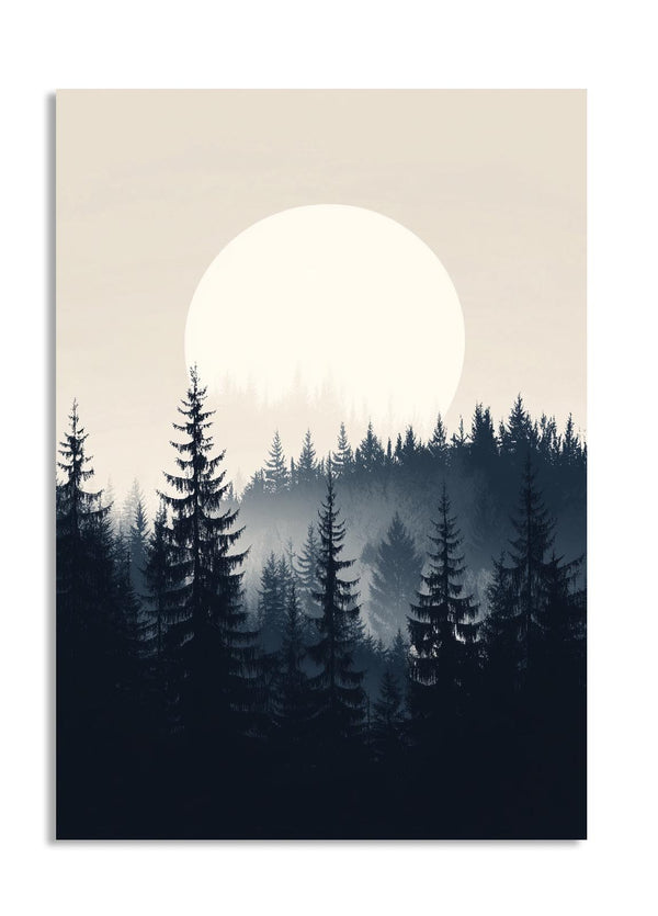 Silhouette of a forest with a large moon in the sky on a beige background, as a premium aluminum metal print from GoMetalPrint.
