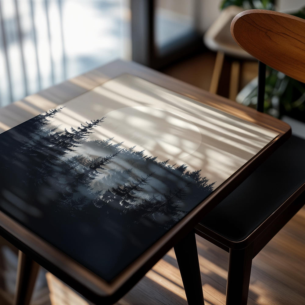 Silhouette of a forest with a large moon in the sky on a beige background, as a premium aluminum metal print from GoMetalPrint.
