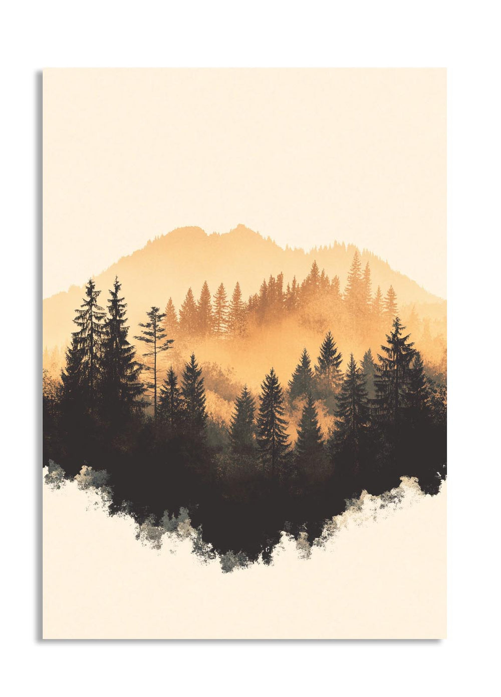 Framed artwork of a mountain silhouette with trees against a sunset sky, as a premium aluminum metal print from GoMetalPrint.
