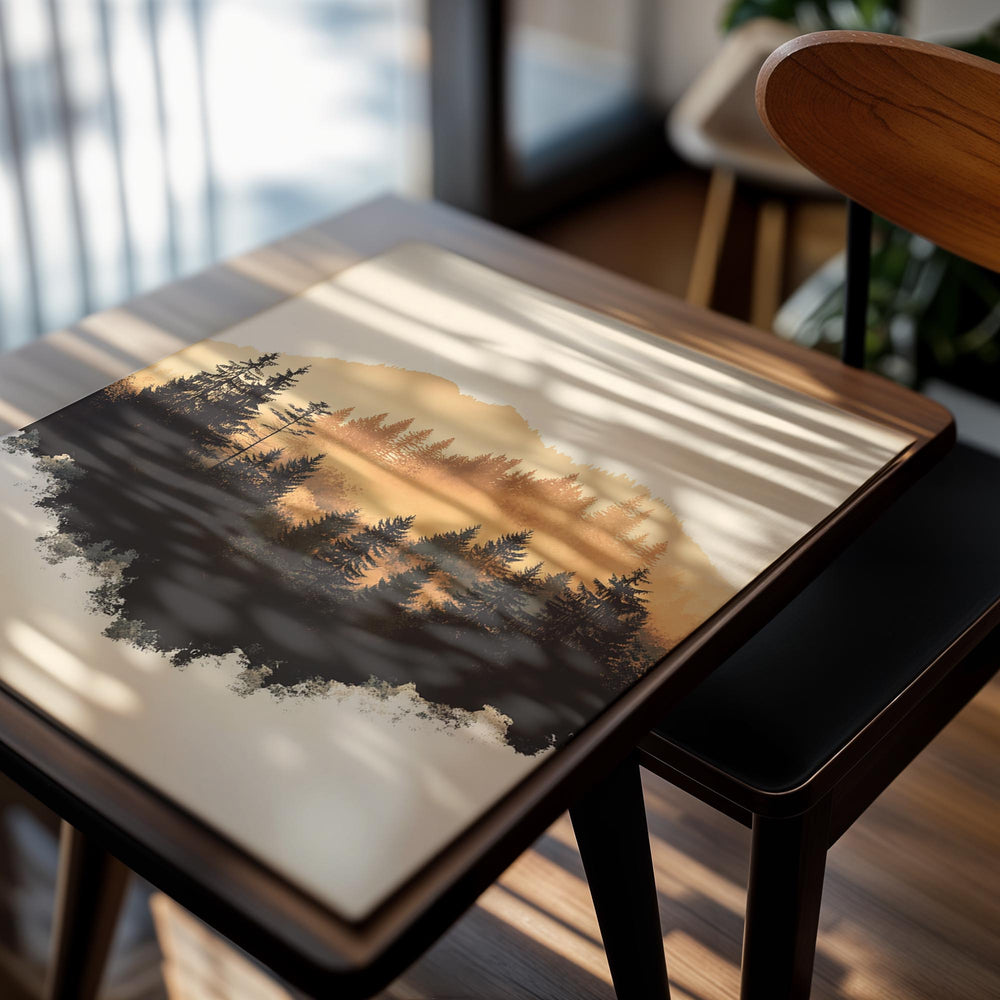 Framed artwork of a mountain silhouette with trees against a sunset sky, as a premium aluminum metal print from GoMetalPrint.
