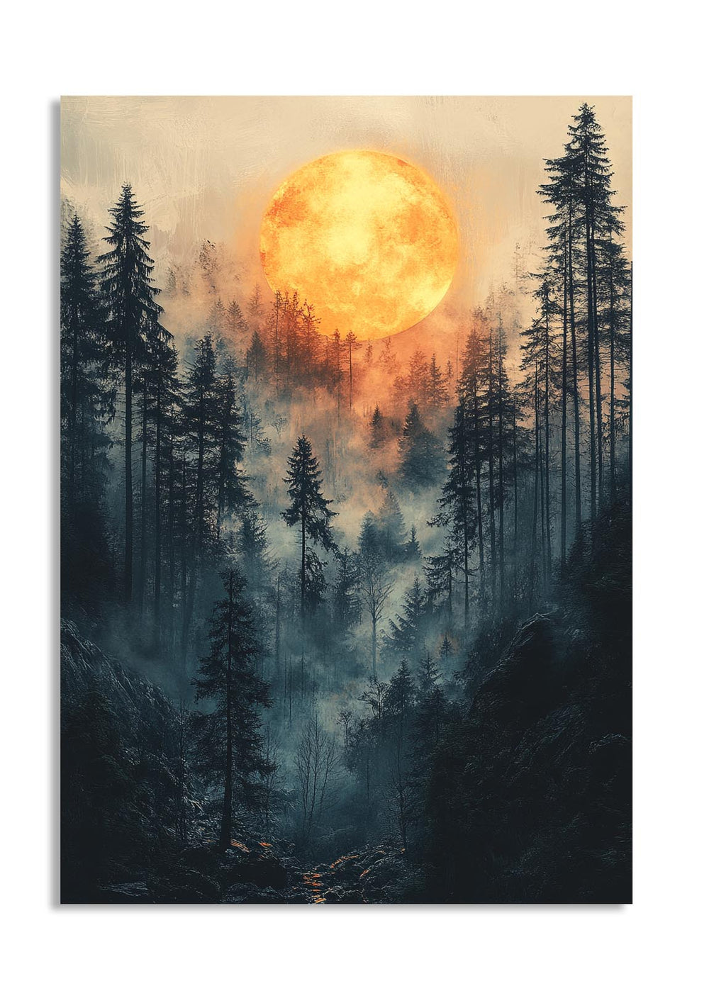 Forest scene with a large orange moon in the sky, as a premium aluminum metal print from GoMetalPrint.
