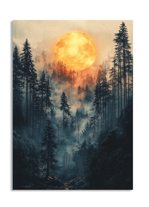 Forest scene with a large orange moon in the sky, as a premium aluminum metal print from GoMetalPrint.
