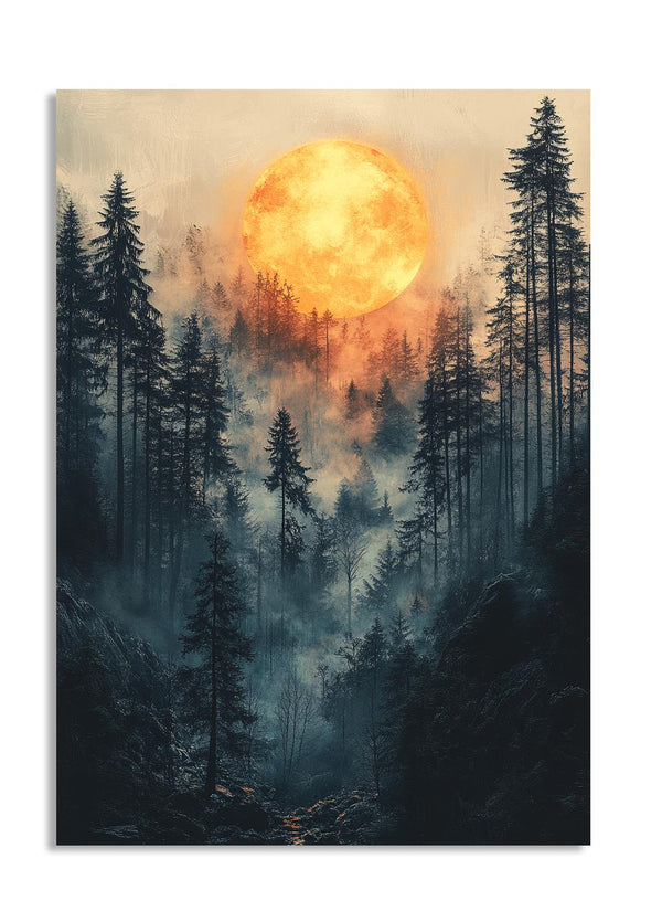 Forest scene with a large orange moon in the sky, as a premium aluminum metal print from GoMetalPrint.
