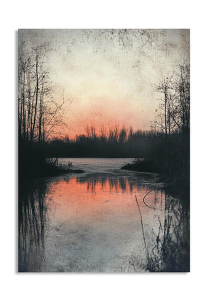 Silhouettes of trees along a river at sunset with a pink and orange sky, as a premium aluminum metal print from GoMetalPrint.
