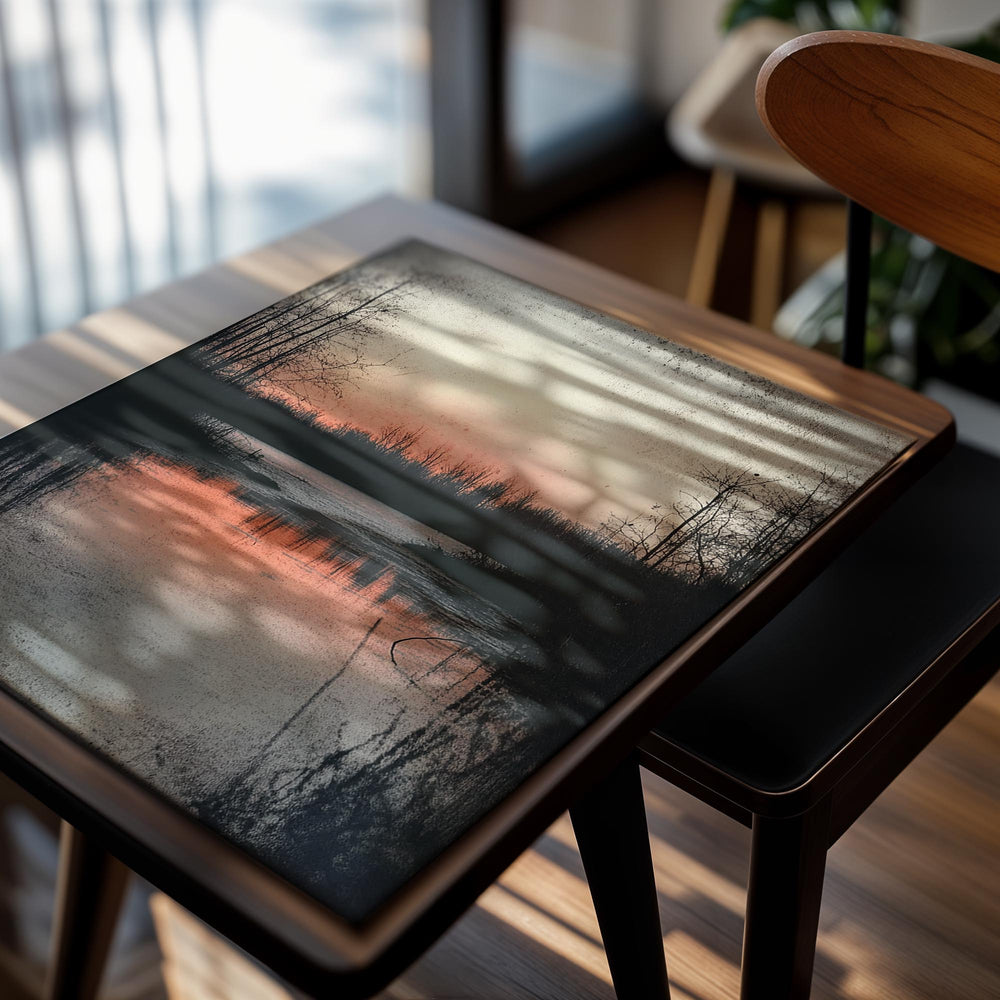 Silhouettes of trees along a river at sunset with a pink and orange sky, as a premium aluminum metal print from GoMetalPrint.
