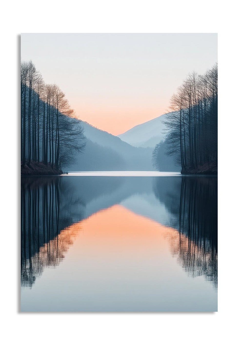Mountain reflection in water with a pink and blue sky, as a premium aluminum metal print from GoMetalPrint.
