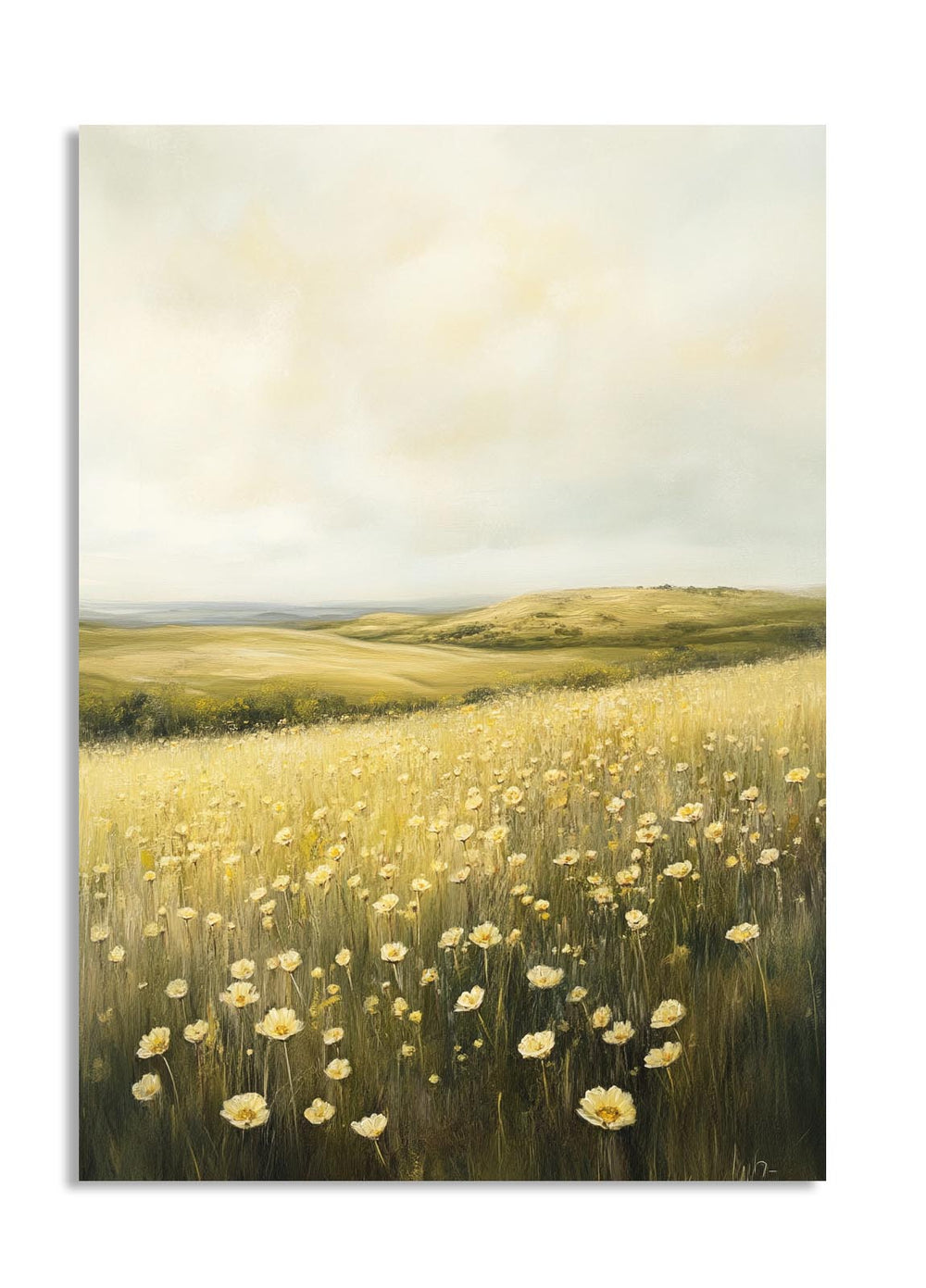 Field of white flowers with a soft, blurred landscape in the background, as a premium aluminum metal print from GoMetalPrint.
