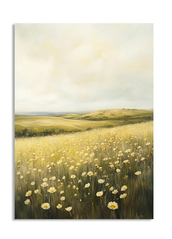 Field of white flowers with a soft, blurred landscape in the background, as a premium aluminum metal print from GoMetalPrint.
