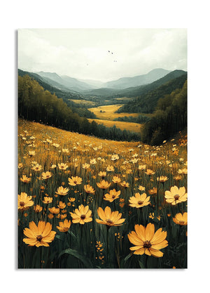 Painting of a field of yellow flowers with mountains in the background, as a premium aluminum metal print from GoMetalPrint.
