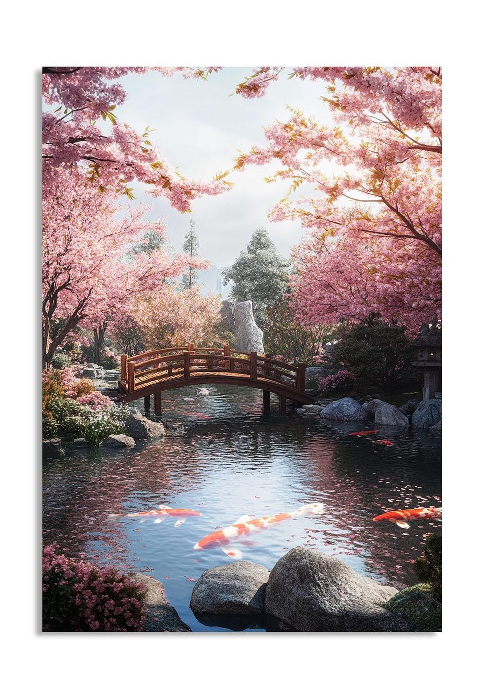 Japanese garden with cherry blossom trees, a wooden bridge, and koi fish in a pond, as a premium aluminum metal print from GoMetalPrint.

