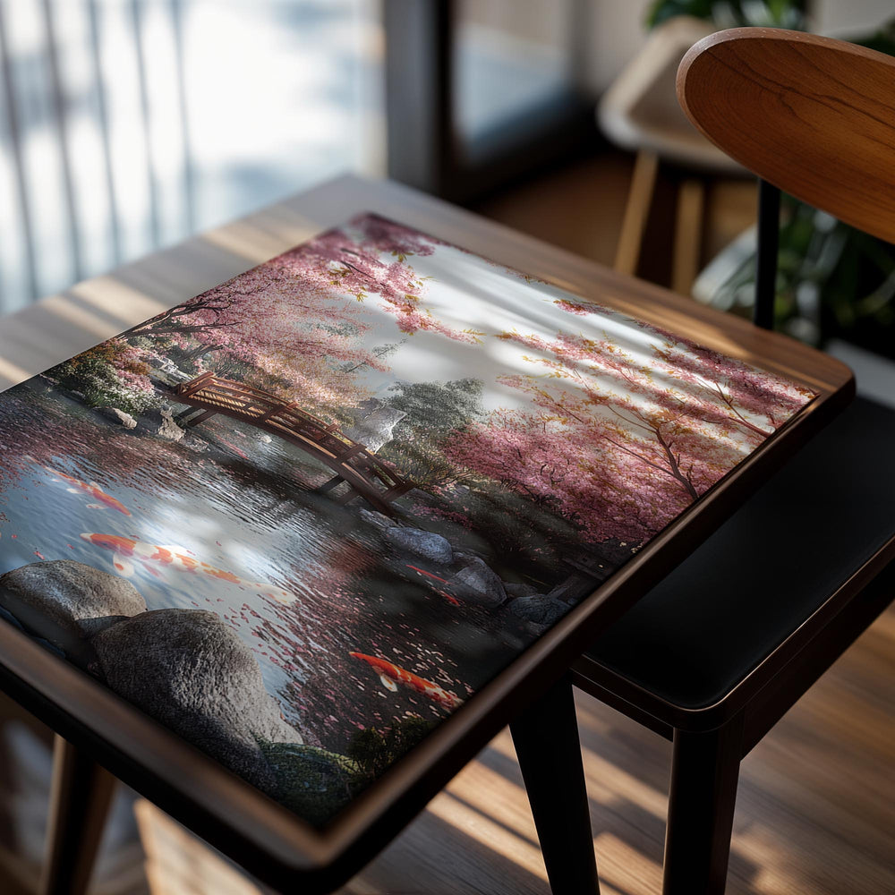 Japanese garden with cherry blossom trees, a wooden bridge, and koi fish in a pond, as a premium aluminum metal print from GoMetalPrint.
