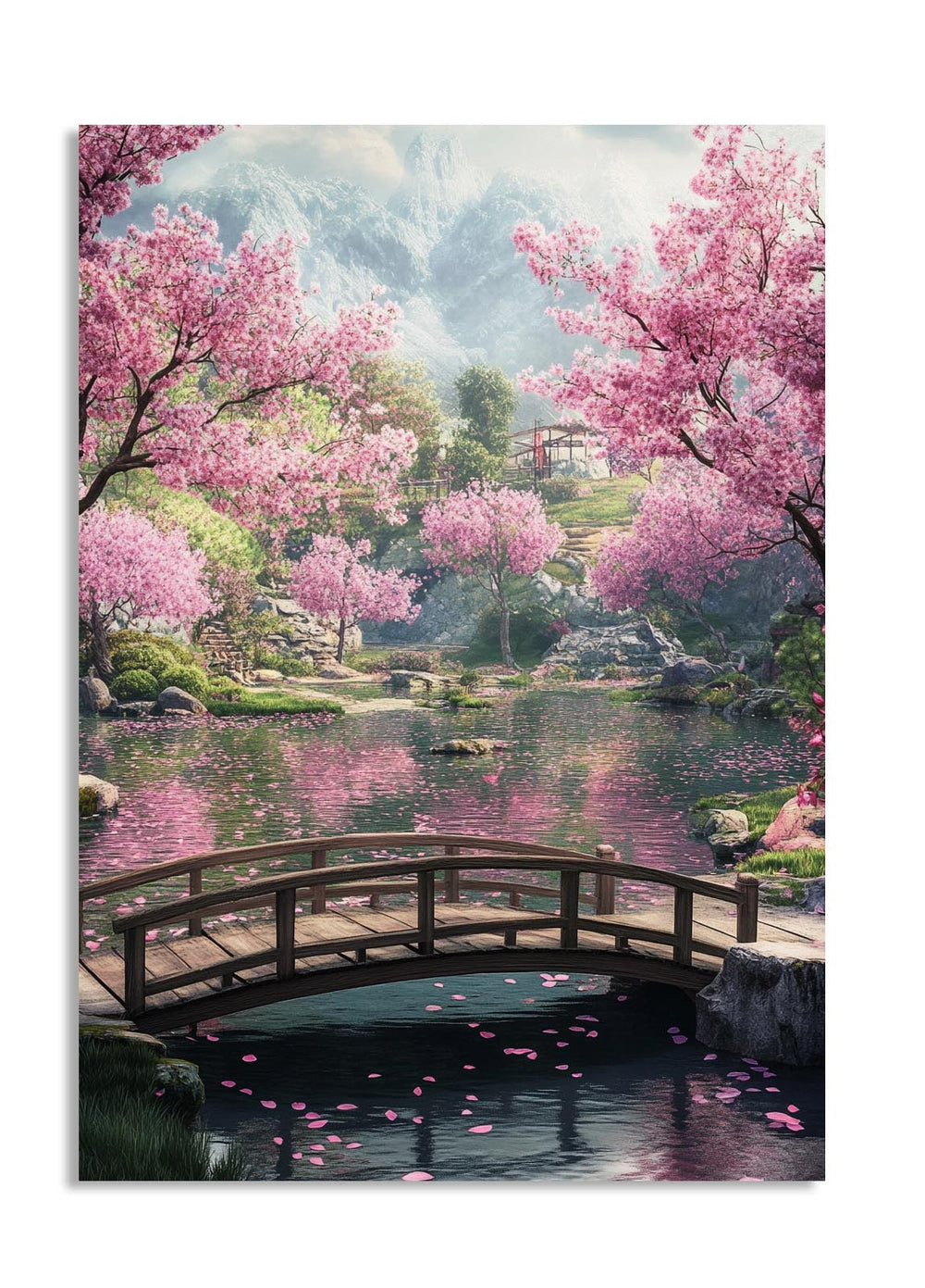 Japanese garden with cherry blossom trees, a bridge, and mountains, as a premium aluminum metal print from GoMetalPrint.
