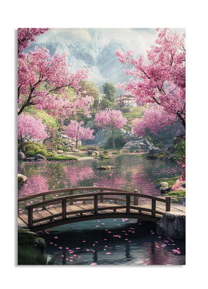 Japanese garden with cherry blossom trees, a bridge, and mountains, as a premium aluminum metal print from GoMetalPrint.
