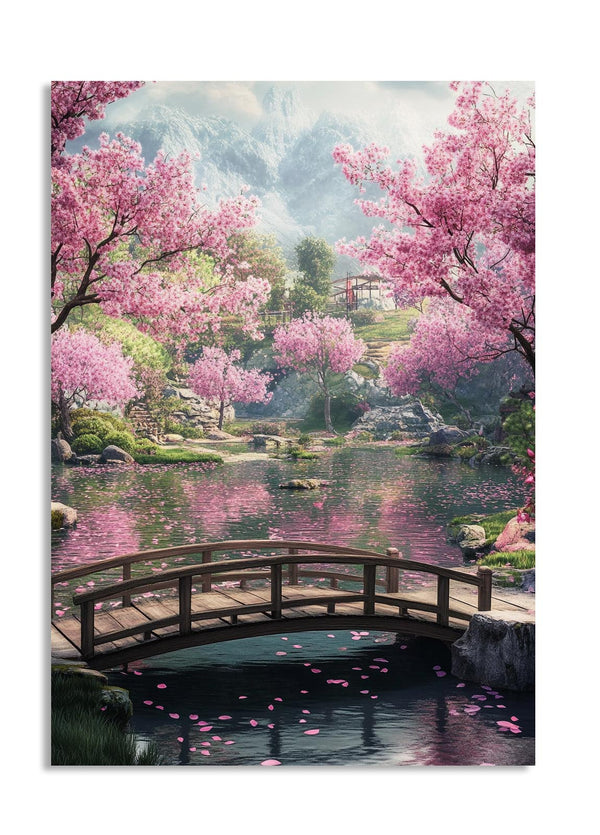 Japanese garden with cherry blossom trees, a bridge, and mountains, as a premium aluminum metal print from GoMetalPrint.
