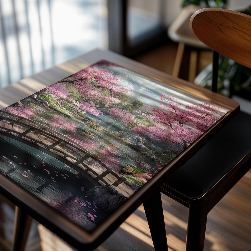 Japanese garden with cherry blossom trees, a bridge, and mountains, as a premium aluminum metal print from GoMetalPrint.
