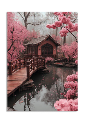Traditional Japanese bridge in a cherry blossom garden with pink flowers and a wooden building, as a premium aluminum metal print from GoMetalPrint.
