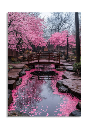Pink cherry blossom trees over a bridge and pond, as a premium aluminum metal print from GoMetalPrint.
