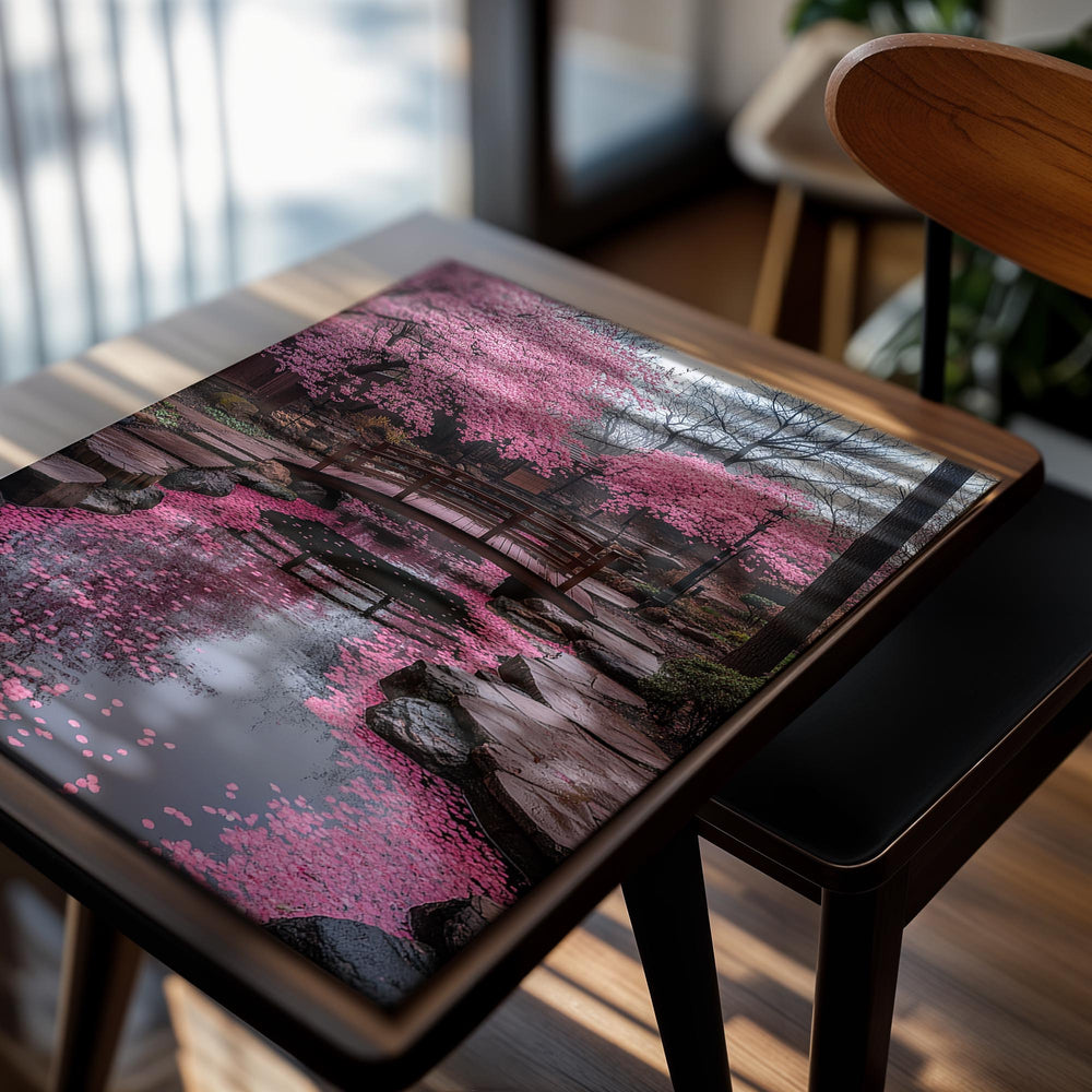Pink cherry blossom trees over a bridge and pond, as a premium aluminum metal print from GoMetalPrint.
