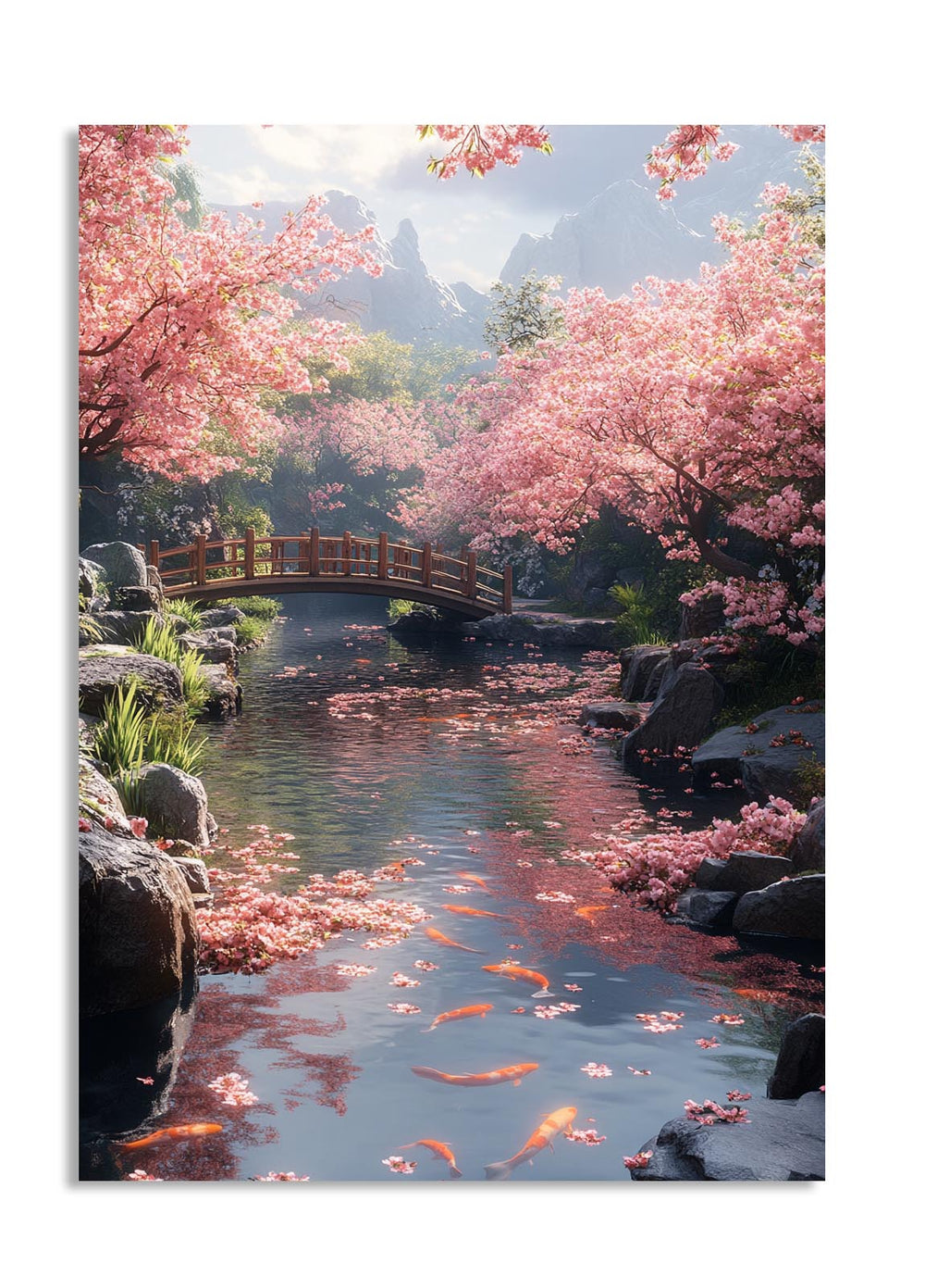 Scenic view of a bridge over a stream with cherry blossom trees on either side, as a premium aluminum metal print from GoMetalPrint.

