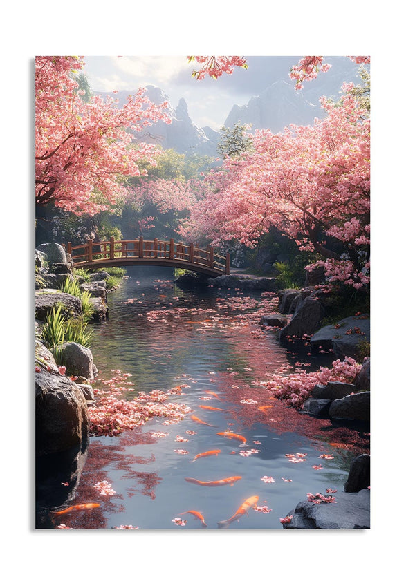 Scenic view of a bridge over a stream with cherry blossom trees on either side, as a premium aluminum metal print from GoMetalPrint.
