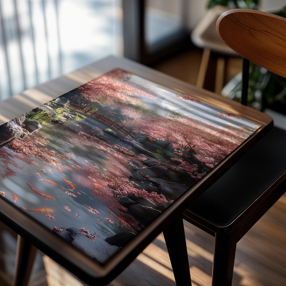 Scenic view of a bridge over a stream with cherry blossom trees on either side, as a premium aluminum metal print from GoMetalPrint.
