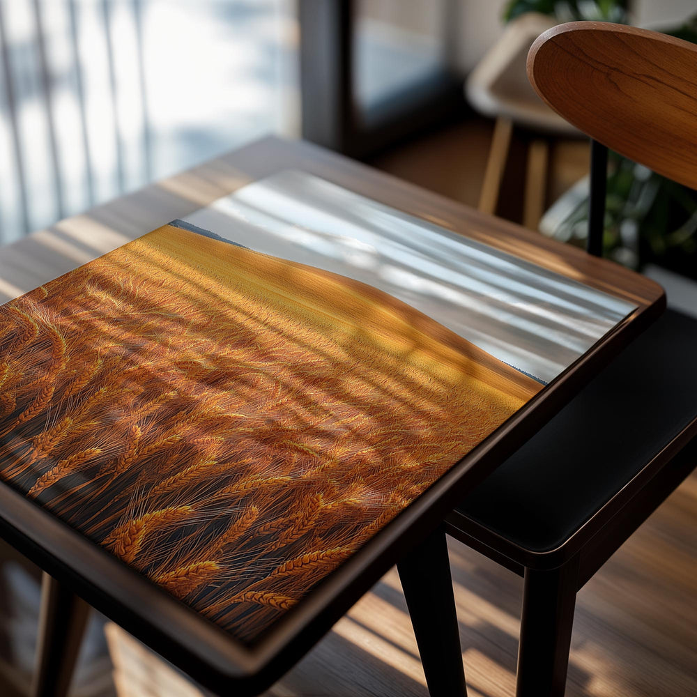 Wheat field with rolling hills under a blue sky with clouds, as a premium aluminum metal print from GoMetalPrint.
