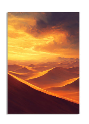 Desert landscape with orange sand dunes and a fiery sky, as a premium aluminum metal print from GoMetalPrint.

