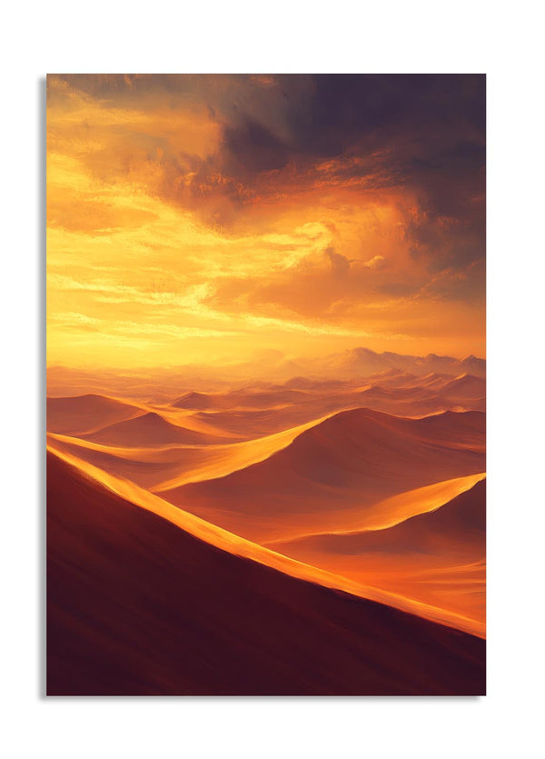 Desert landscape with orange sand dunes and a fiery sky, as a premium aluminum metal print from GoMetalPrint.
