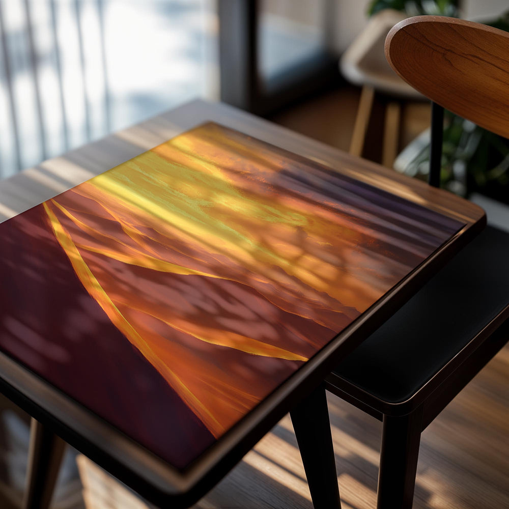 Desert landscape with orange sand dunes and a fiery sky, as a premium aluminum metal print from GoMetalPrint.
