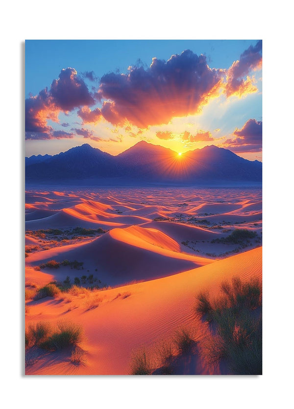 Sunset over sand dunes with vibrant colors and clouds, as a premium aluminum metal print from GoMetalPrint.

