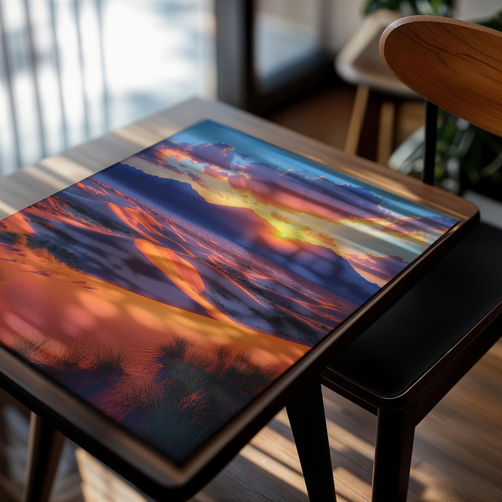 Sunset over sand dunes with vibrant colors and clouds, as a premium aluminum metal print from GoMetalPrint.
