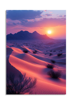Desert landscape with sand dunes and mountains at sunset, as a premium aluminum metal print from GoMetalPrint.
